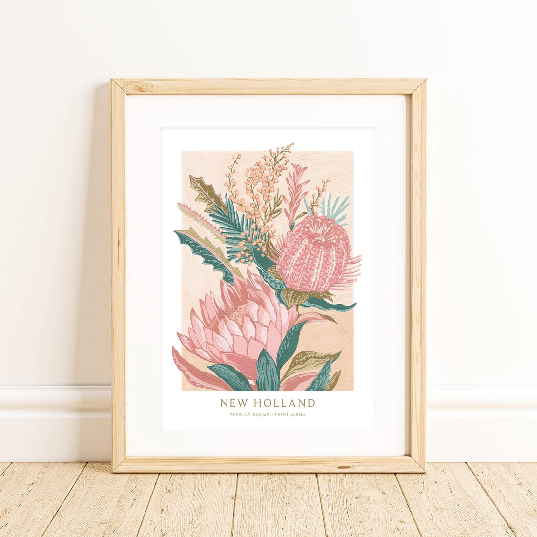 New Holland botanical art print with protea and banksia in a wooden frame